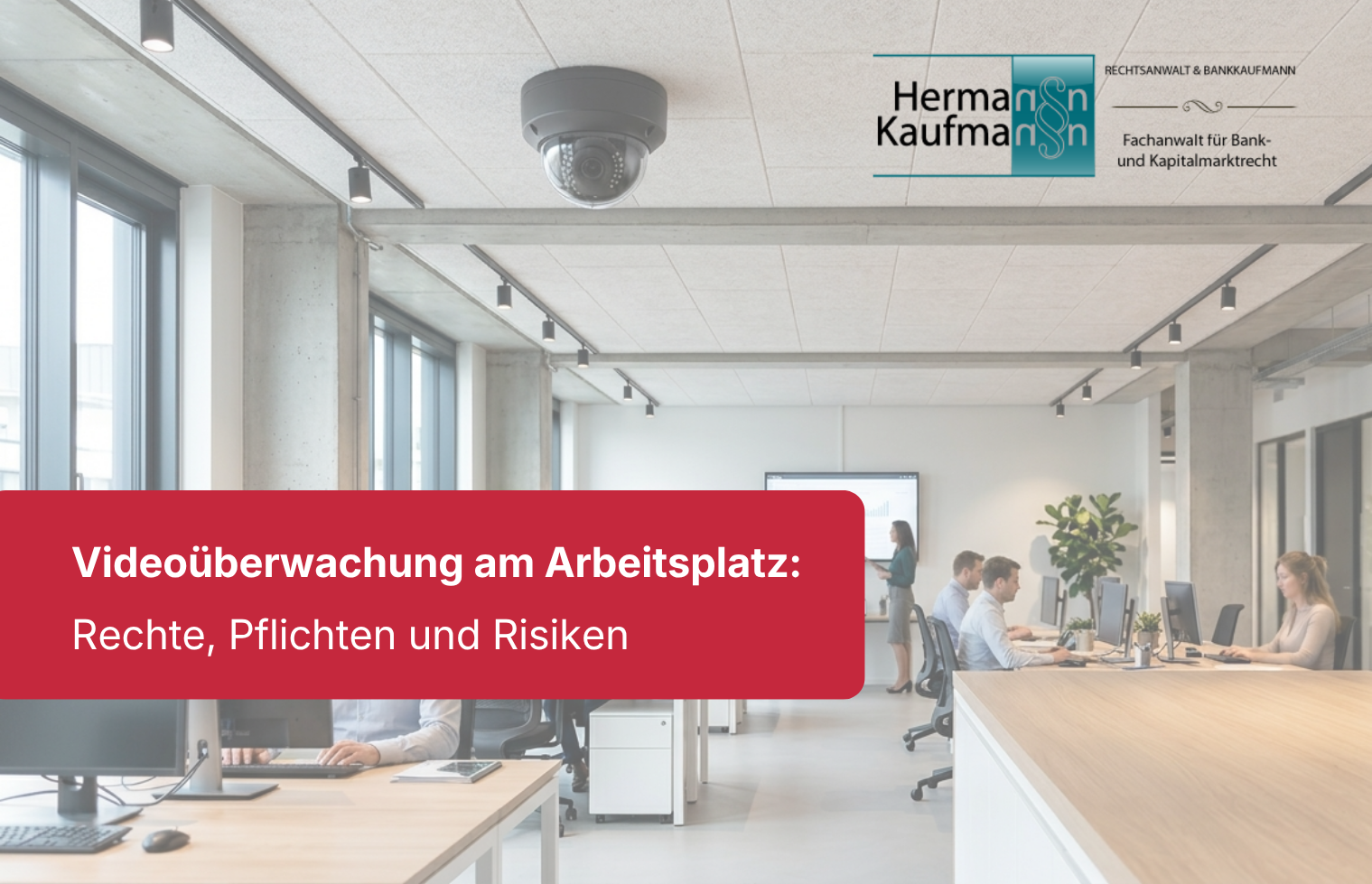 Moderne Büroumgebung mit arbeitenden Mitarbeitern und einer gut sichtbaren Überwachungskamera an der Decke.